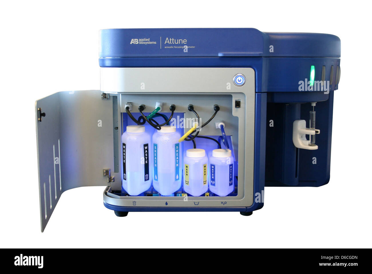 Le cytomètre à focalisation acoustique Attune®, développé au laboratoire national de Los Alamos, est une technologie de pointe utilisée pour l'analyse cellulaire à haut débit dans la recherche biomédicale. Banque D'Images