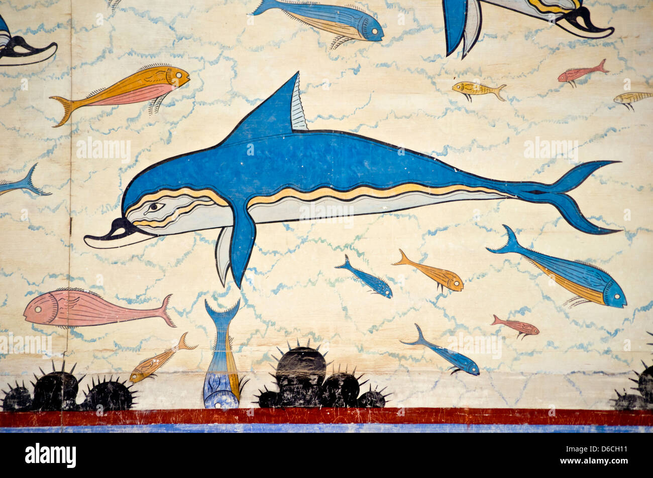 Knossos, Crète, Grèce. Site archéologique minoen. Fresque des dauphins dans le Queen's Megaron (détail) Banque D'Images