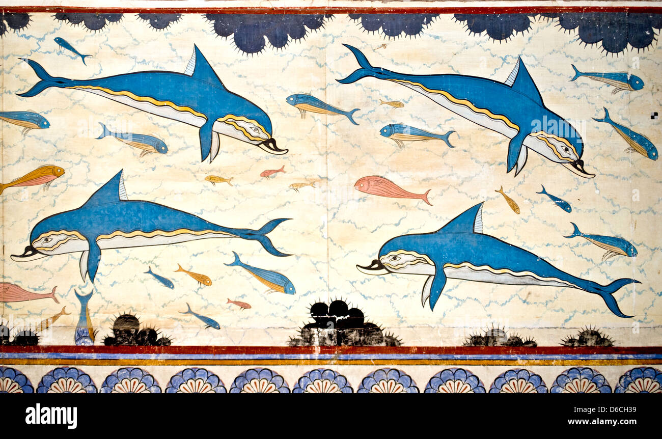 Knossos, Crète, Grèce. Site archéologique minoen. Fresque des dauphins dans le Mégaron de la Reine Banque D'Images