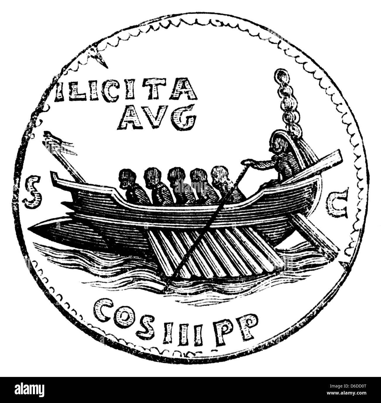 Dimensions de pièce de monnaie romaine montrant une galère romaine ; probablement 1er ou 2ème siècle EC (AD). Banque D'Images