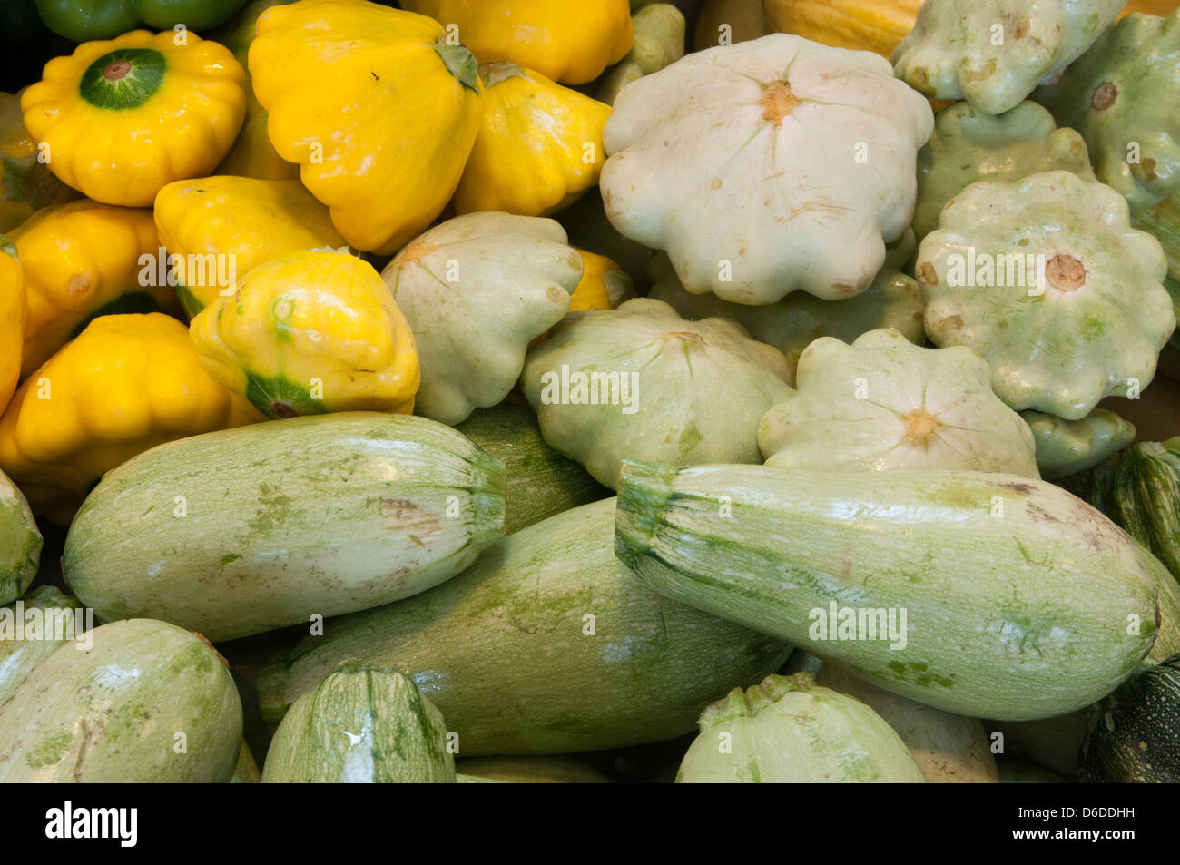 Courge d'été vert et jaune à la ferme stand à Boston, Massachusetts Banque D'Images