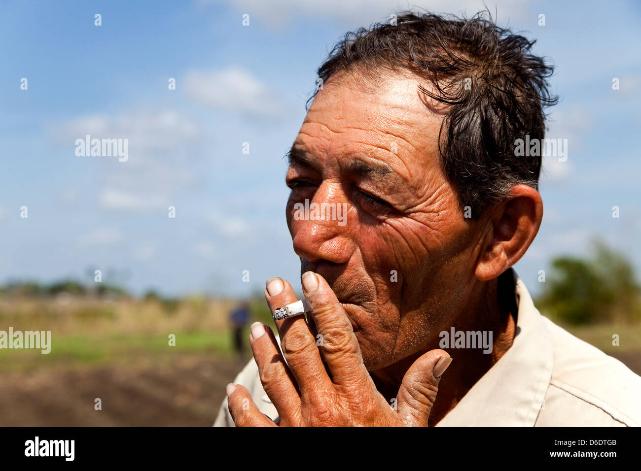 Portrait de l'homme cubain fumant de la cigarette pendant qu'il travaille comme agriculteur dans le champ agricole. Paysan hispanique travaillant à la coopérative agraire de l'ANAP à Guines, Cuba Banque D'Images