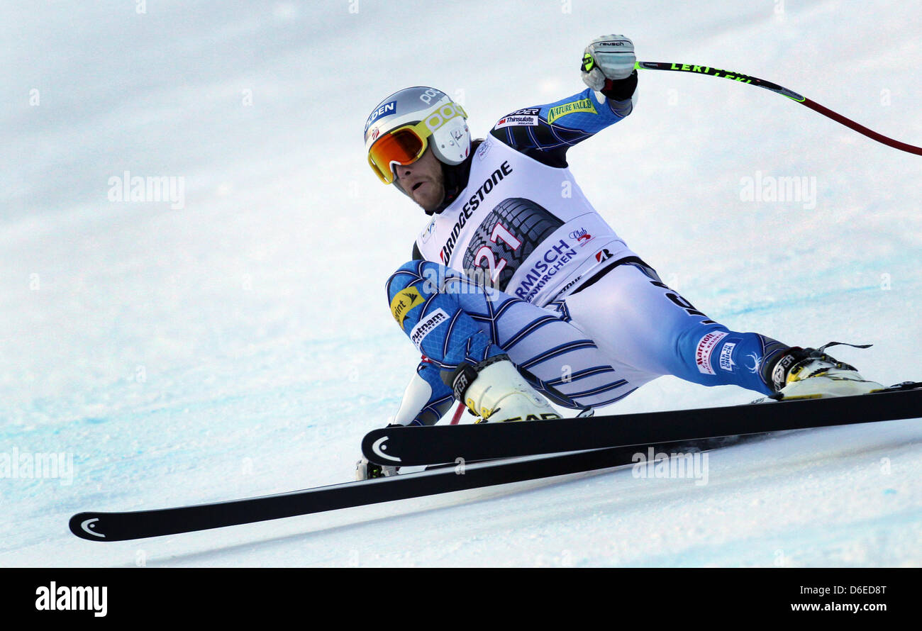 Skieur alpin Américain Bode Miller participe à la première descente de la formation des hommes à la pente de ski Kandahar à Garmisch-Partenkirchen, Allemagne, 26 janvier 2012. Garmisch accueille la coupe du monde de ski alpin des hommes les 28 et 29 janvier 2012. Photo : Karl Josef OPIM Banque D'Images