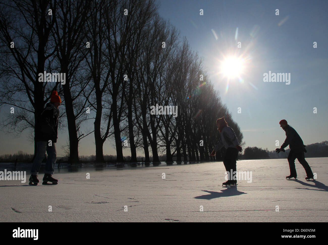 Schlittschuhfahrer gleiten Am Montag (06.02.2012) auf dem zugefrorenen Altrhein bei Xanten über das Eis. Die starken Minustemperaturen in den letzten Tagen haben die Wasserlandschaft Eisfläche dans eine verwandelt. Foto : Roland Weihrauch dpa/lnw zu KORR :' Banque D'Images