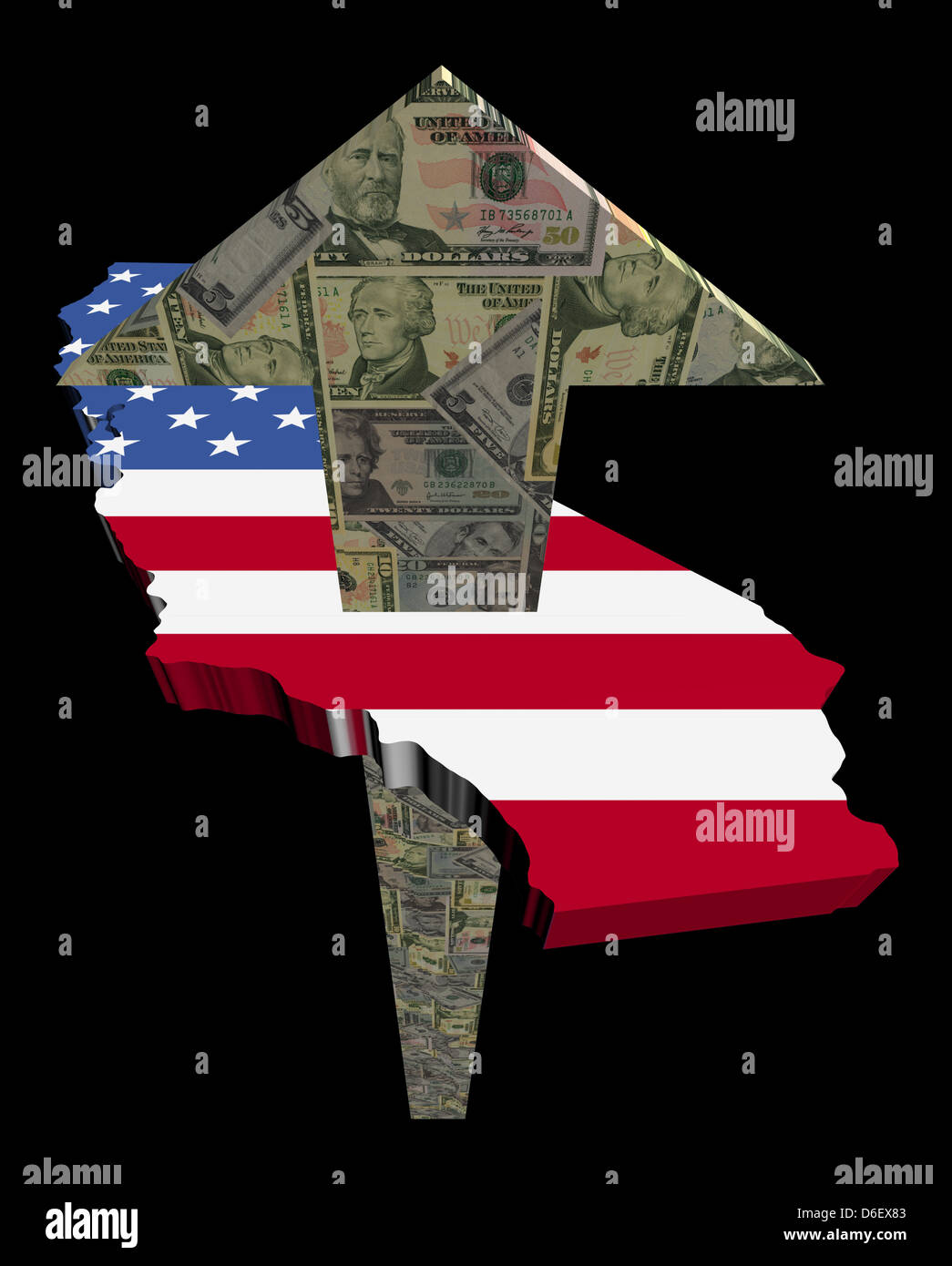 Dollars américains et flèche vers la Californie carte drapeau illustration Banque D'Images