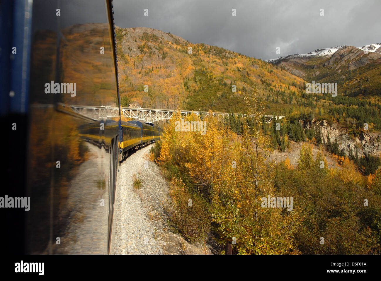 Le feuillage de l'automne reflète d'un train de chemin de fer de l'Alaska. Banque D'Images