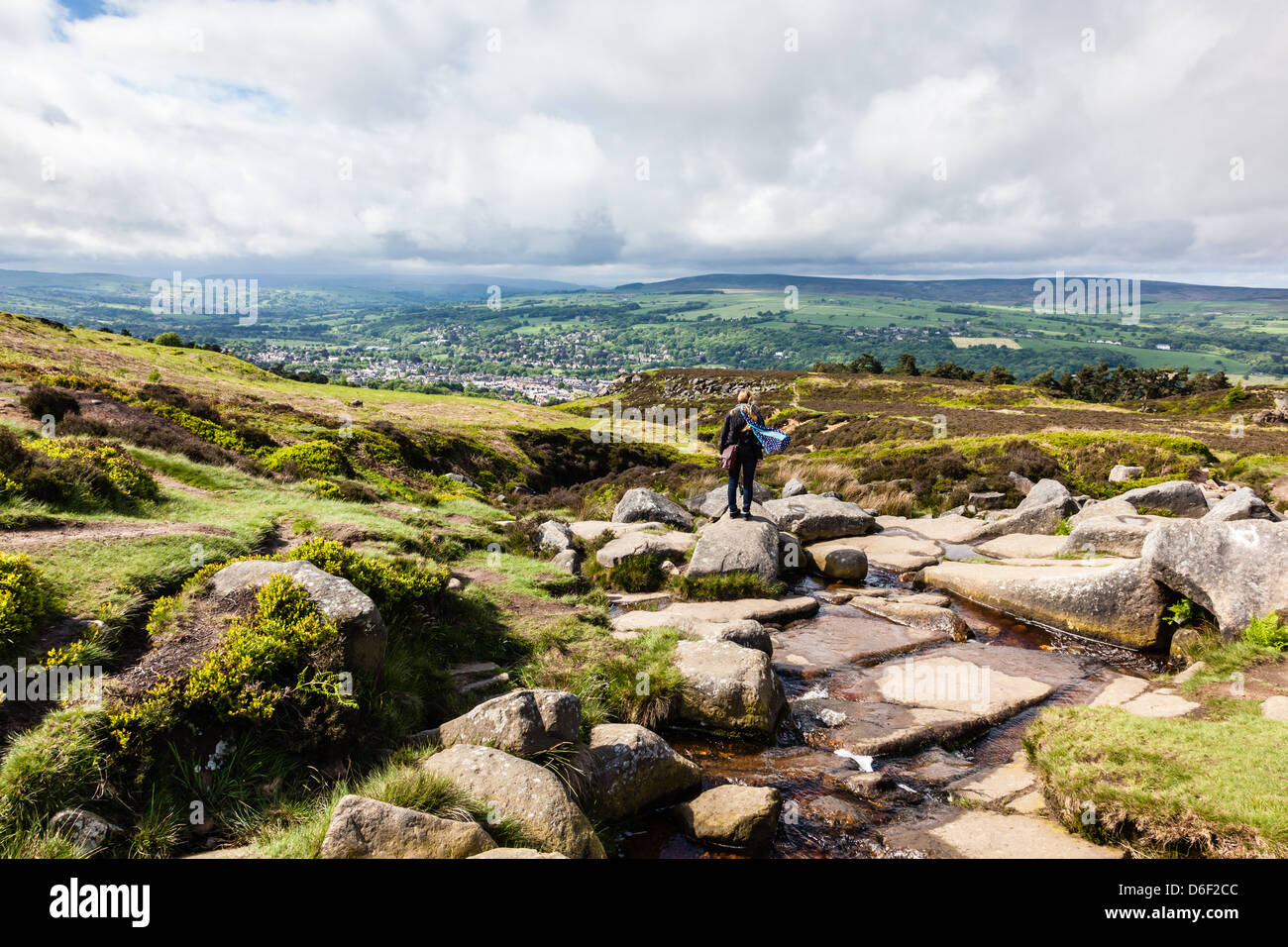 Backstone Beck avec une femme affichage Ilkley, le long de la voie de Dales Ilkley Moor, Ilkley, West Yorkshire, Royaume-Uni Banque D'Images
