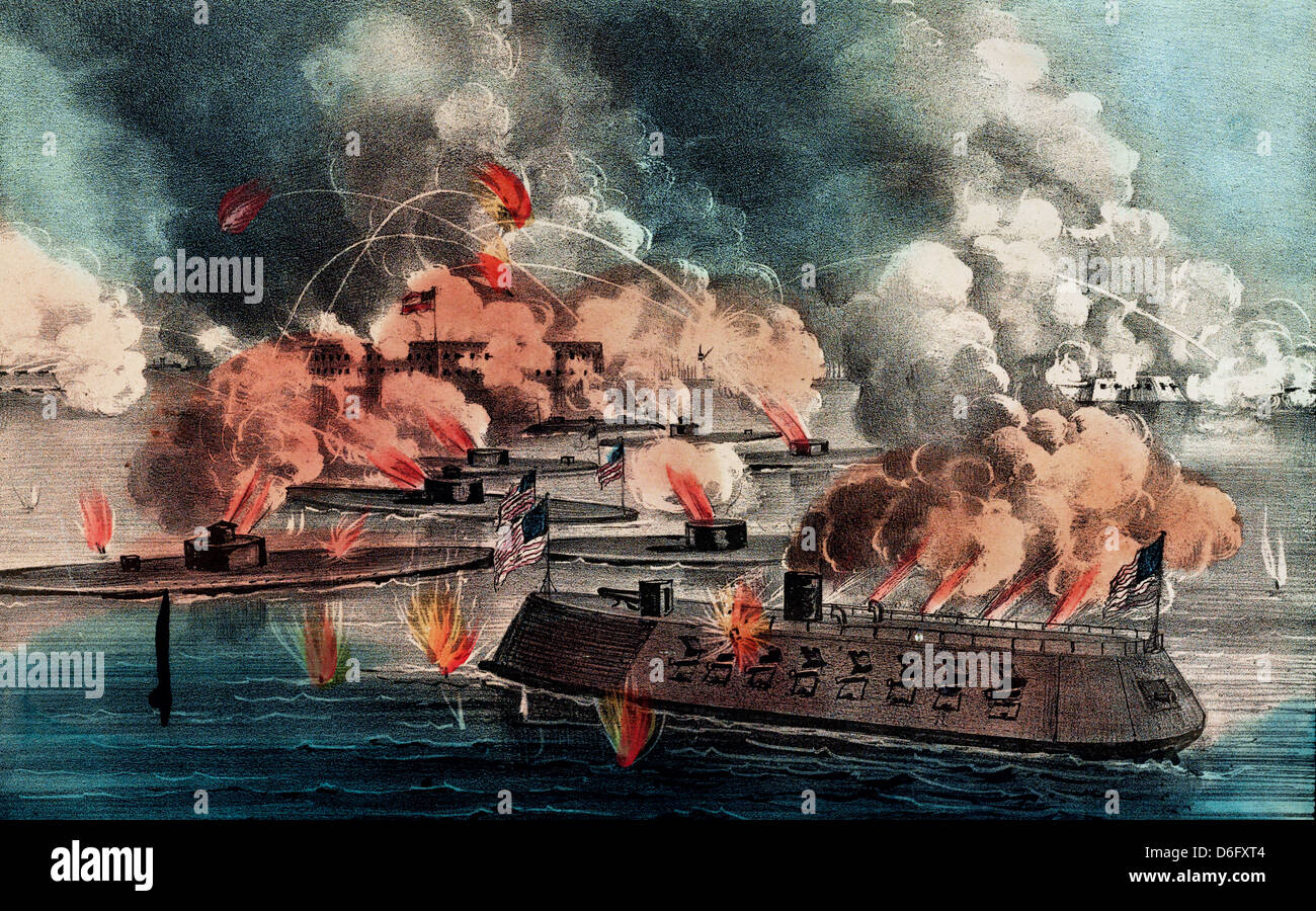 La grande lutte à Charleston L.C. (avril, 7e 1863 : entre 9 United States 'Iron-Clads', et les Confédérés - Guerre civile USA Banque D'Images