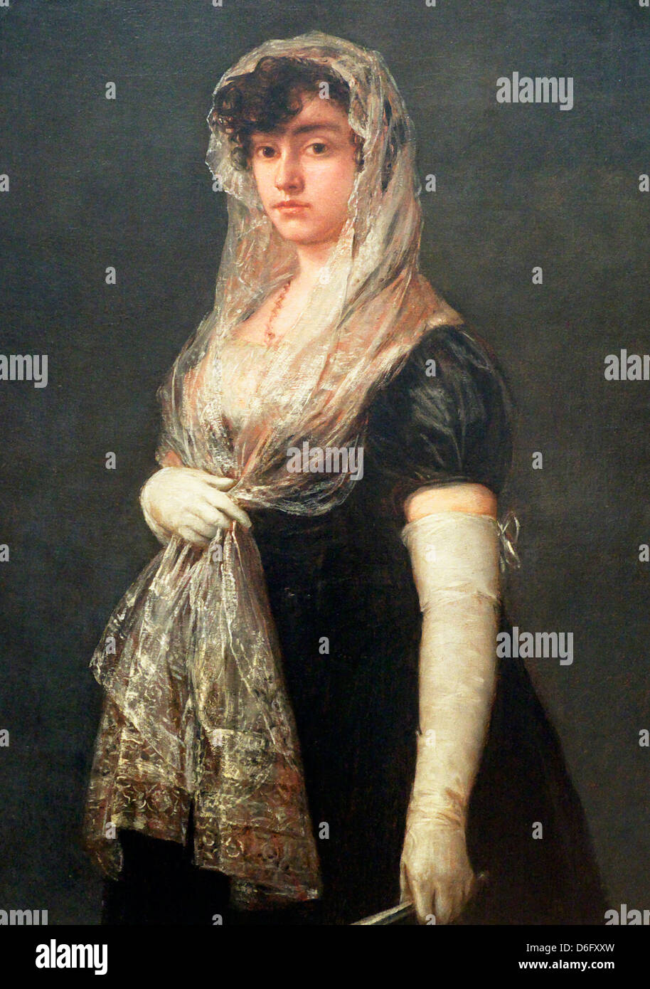 Jeune femme portant un Mantilla et une basquina de Francisco de Goya Banque D'Images