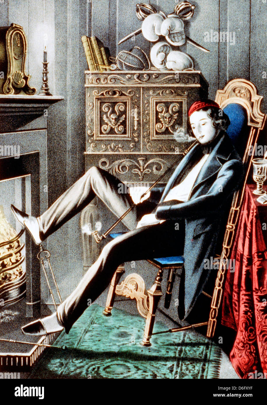 Lithographie colorée à la main montrant un homme fumant une pipe Banque D'Images