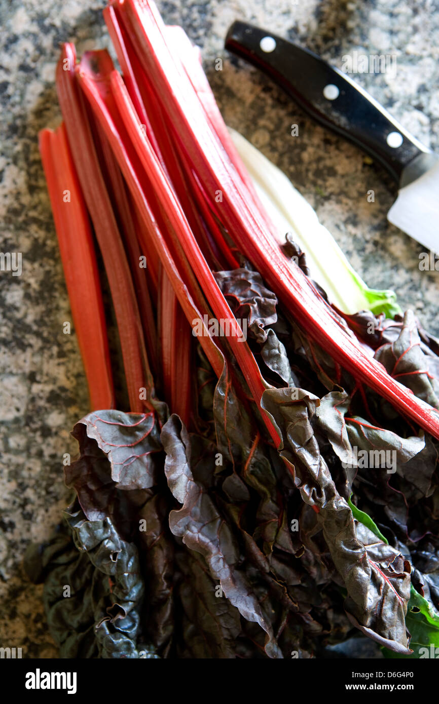 La bette à carde rouge frais avec un couteau de cuisine Banque D'Images