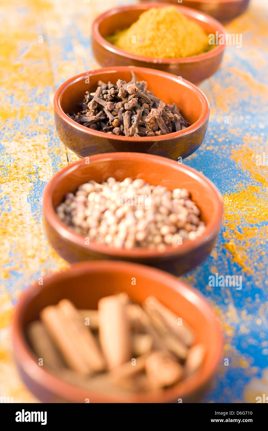 Assorted spices in bowls Banque D'Images