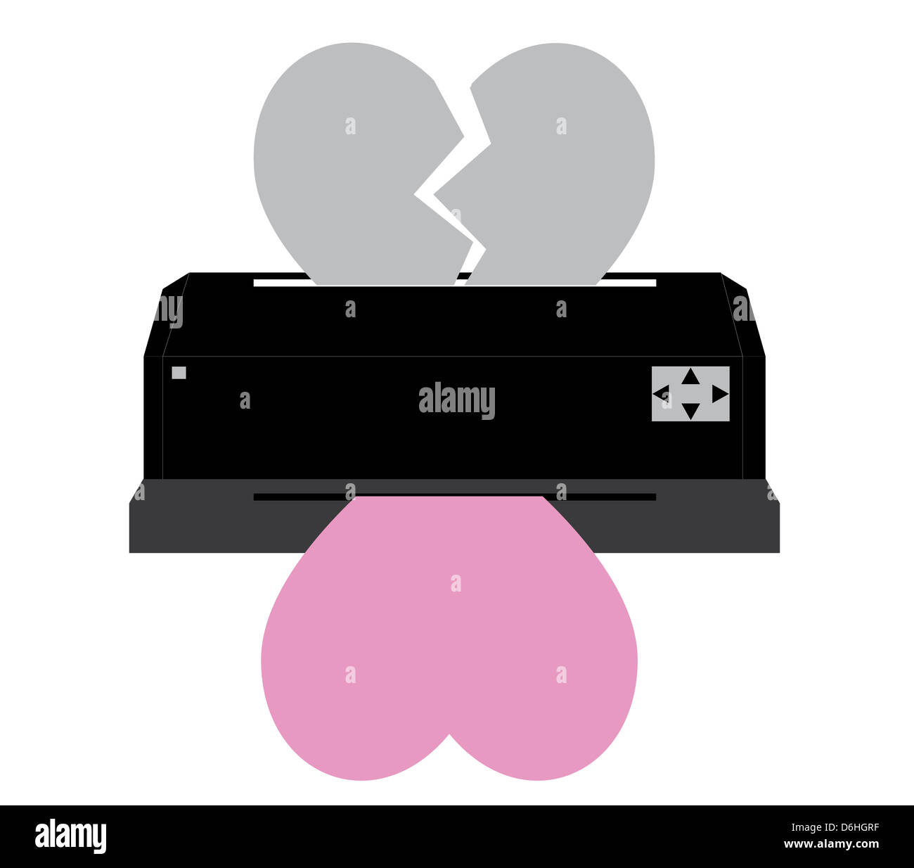 Cœur brisé dans l'imprimante noir et blanc Banque D'Images