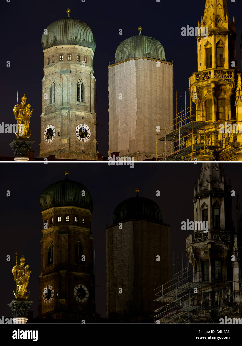 - Une photo composite composite montre que l'église de Notre Dame allumé (HAUT) avant et pas d'éclairage au cours de l' "heure de la Terre à Munich, Allemagne, 31 mars 2012. De nombreux sites et bâtiments à travers le monde ont été éteinte pendant une heure pour donner un signe clair pour la protection du climat et la protection de l'environnement. Photo : Sven Hoppe Banque D'Images