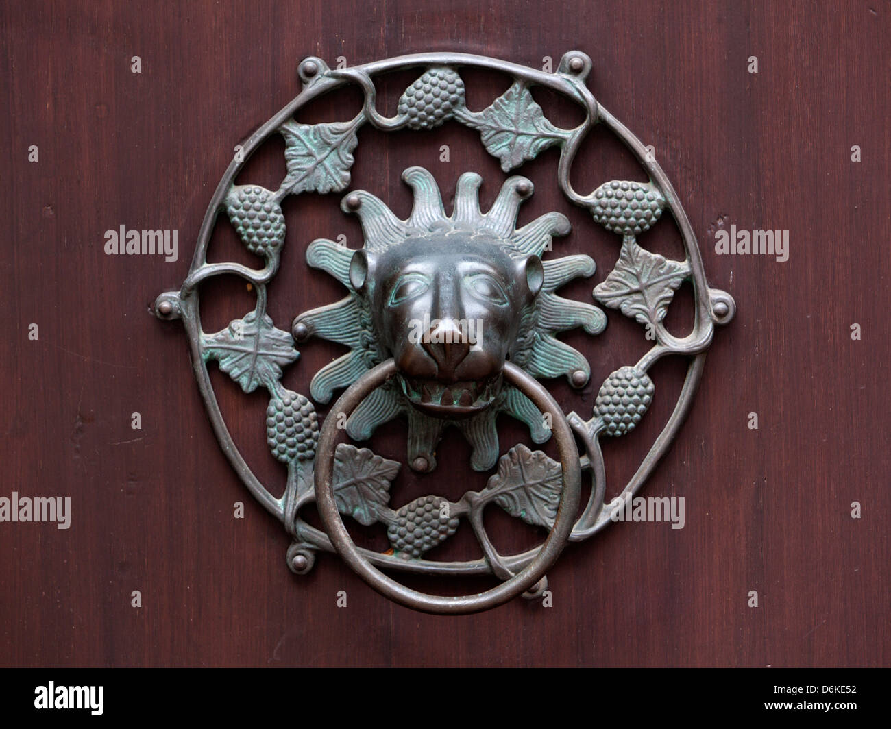 Antique bronze doorknocker, tête de lion entouré de feuilles et les petits fruits Banque D'Images