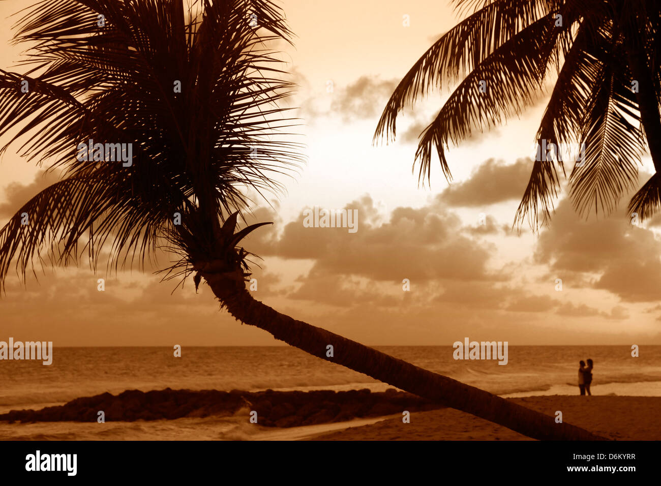 Couple à la romantique au coucher du soleil en arrière-plan sur l'île de la Barbade Banque D'Images
