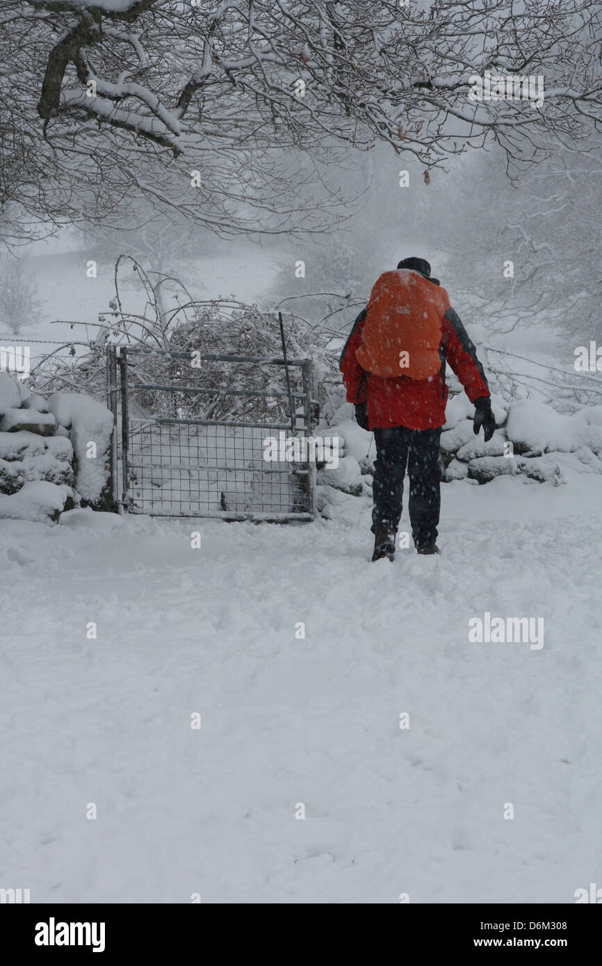 Un homme marche dans la neige. Banque D'Images