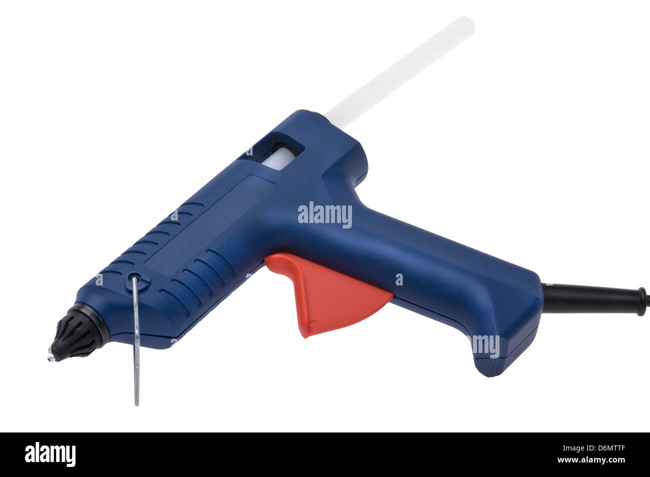 Pistolet à colle bleu isolé sur fond blanc Banque D'Images