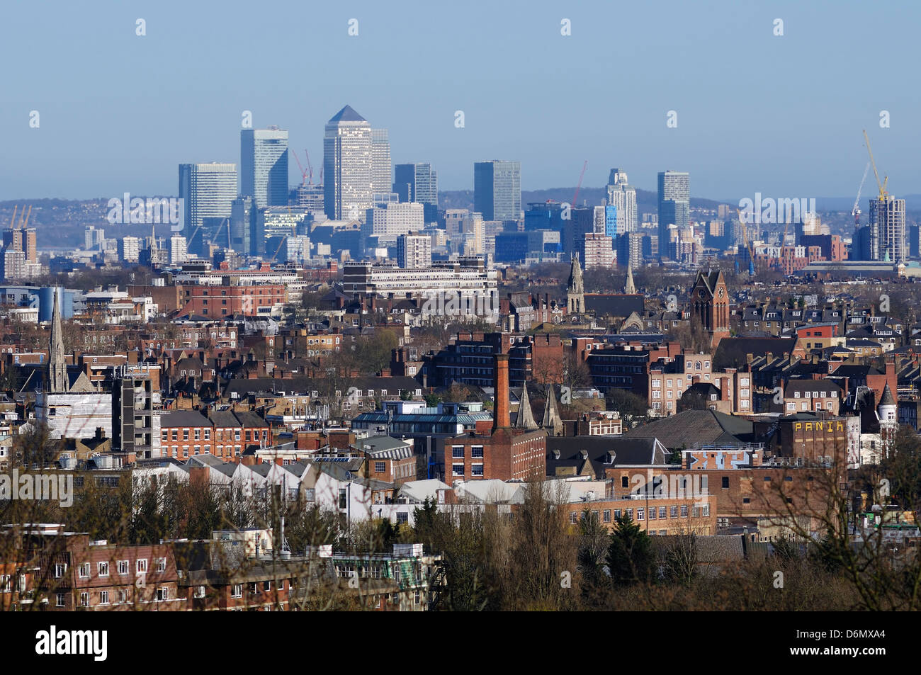 Canary Wharf vue de Hampstead Heath, nord de Londres, Royaume-Uni Banque D'Images