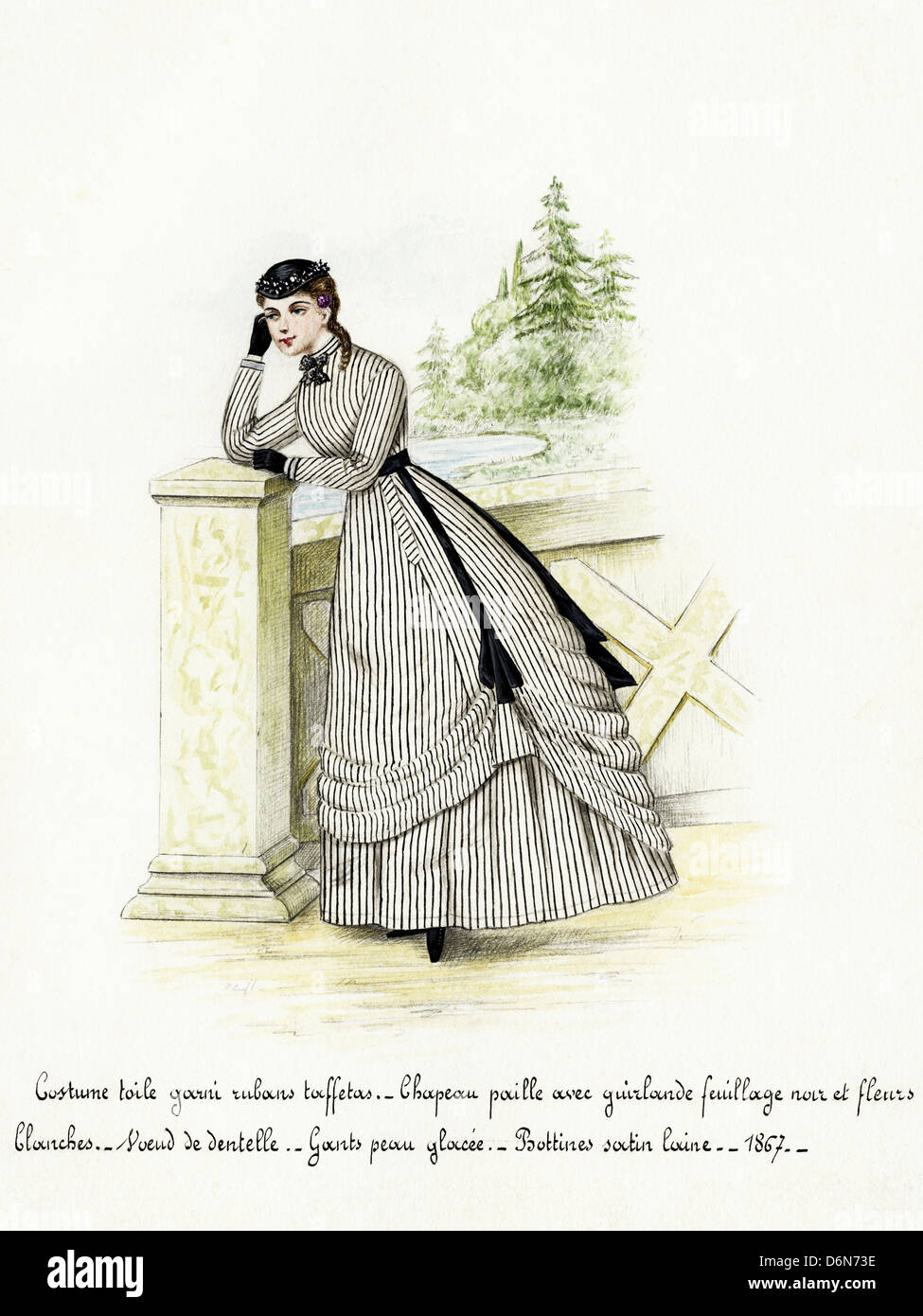 La mode française de l'époque victorienne en date du 1867. Aquarelle originale avec description de la conception en langue française de l'artiste inconnu Banque D'Images