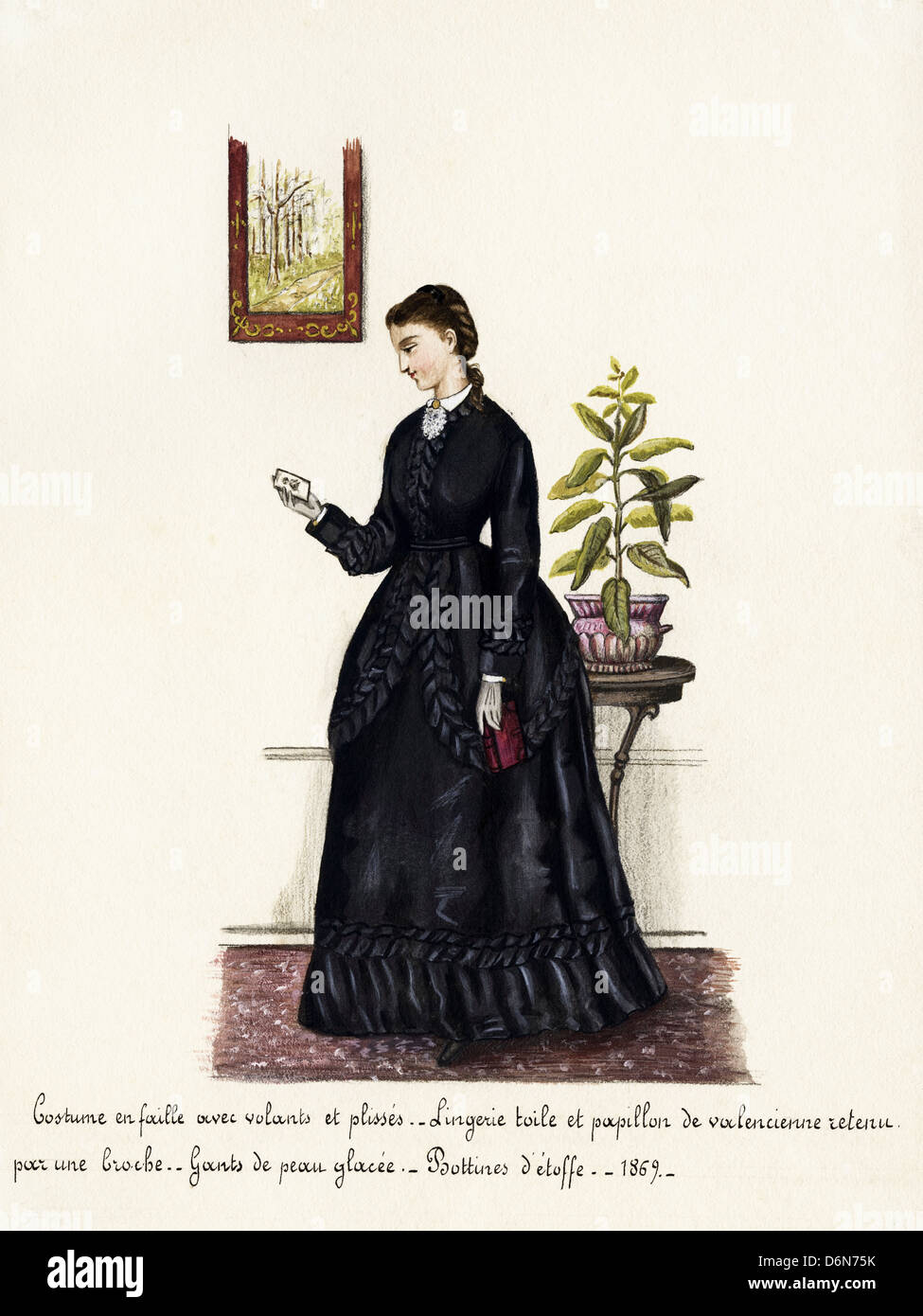 La mode française de l'époque victorienne en date du 1869. Aquarelle originale avec description de la conception en langue française de l'artiste inconnu Banque D'Images