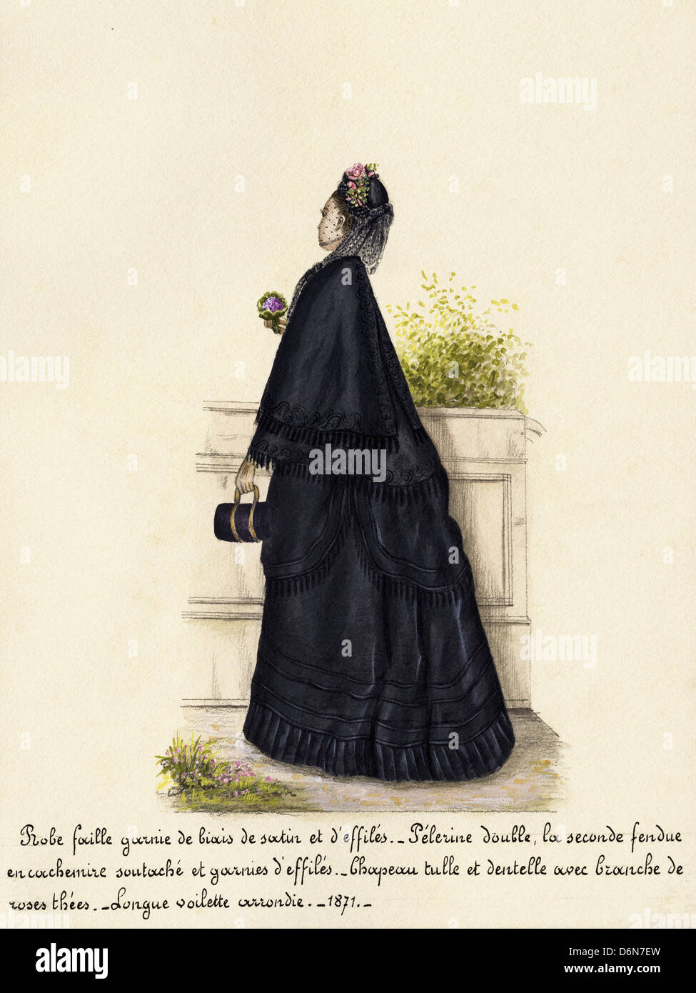 La mode française de l'époque victorienne en date du 1871. Aquarelle originale avec description de la conception en langue française de l'artiste inconnu Banque D'Images