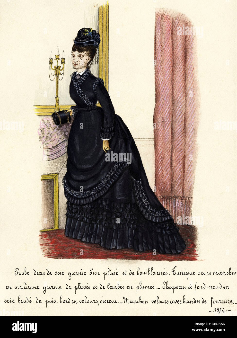 La mode française de l'époque victorienne en date du 1874. Aquarelle originale avec description de la conception en langue française de l'artiste inconnu Banque D'Images