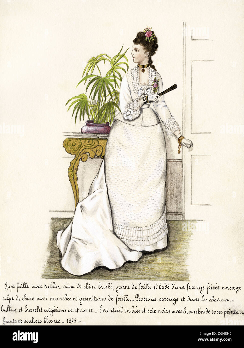 La mode française de l'époque victorienne en date du 1875. Aquarelle originale avec description de la conception en langue française de l'artiste inconnu Banque D'Images