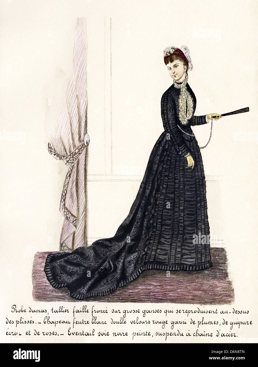 La mode française de l'époque victorienne circa 1870. Aquarelle originale avec description de la conception en langue française de l'artiste inconnu Banque D'Images