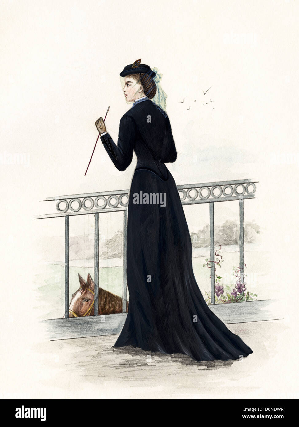 La mode française de l'époque victorienne en date du 1873. Aquarelle originale artiste inconnu Banque D'Images