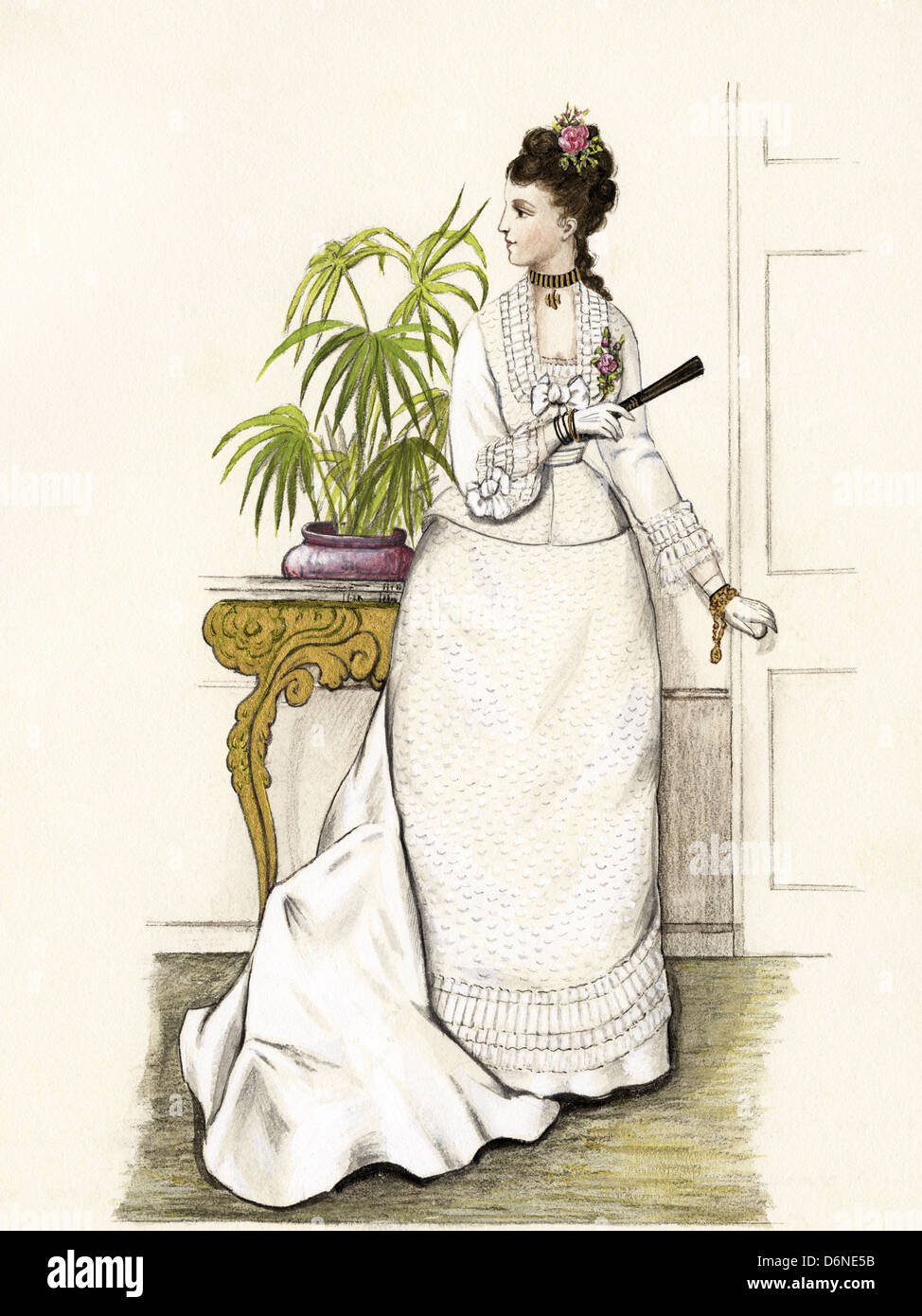 La mode française de l'époque victorienne en date du 1875. Aquarelle originale artiste inconnu Banque D'Images