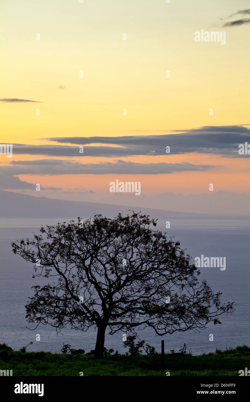 Coucher du soleil vu de la route de Kula donnant sur l'île de Hawaii et de l'océan environnant, Maui, Hawaii Banque D'Images
