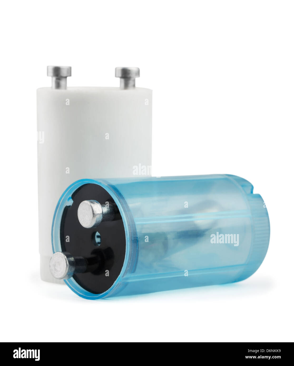 Deux ampoules fluorescentes starter isolated on white Banque D'Images