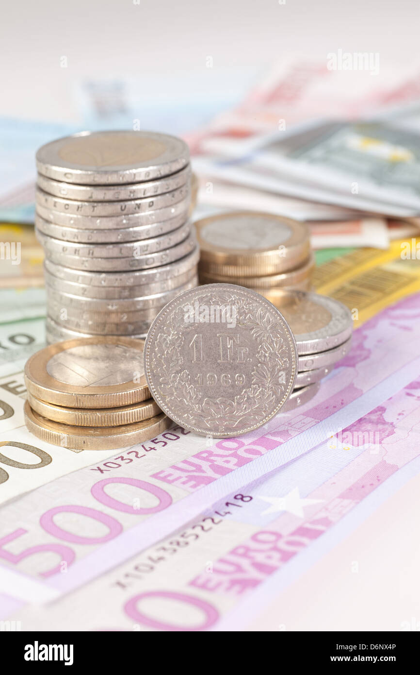 Berlin, Allemagne, l'euro et le franc suisse, monnaie Euromuenzen Banque D'Images
