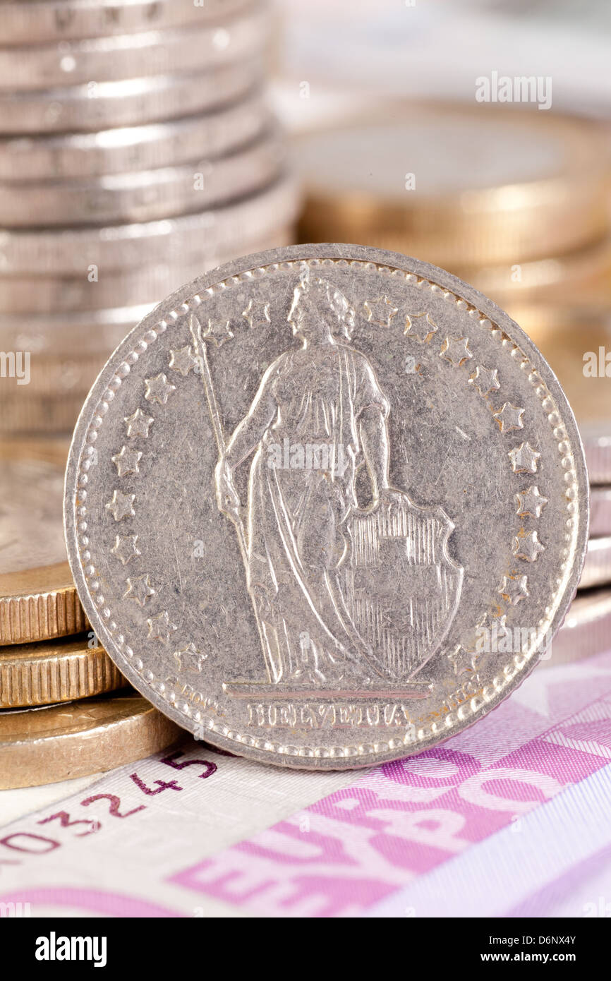 Berlin, Allemagne, l'euro et le franc suisse, monnaie Euromuenzen Banque D'Images