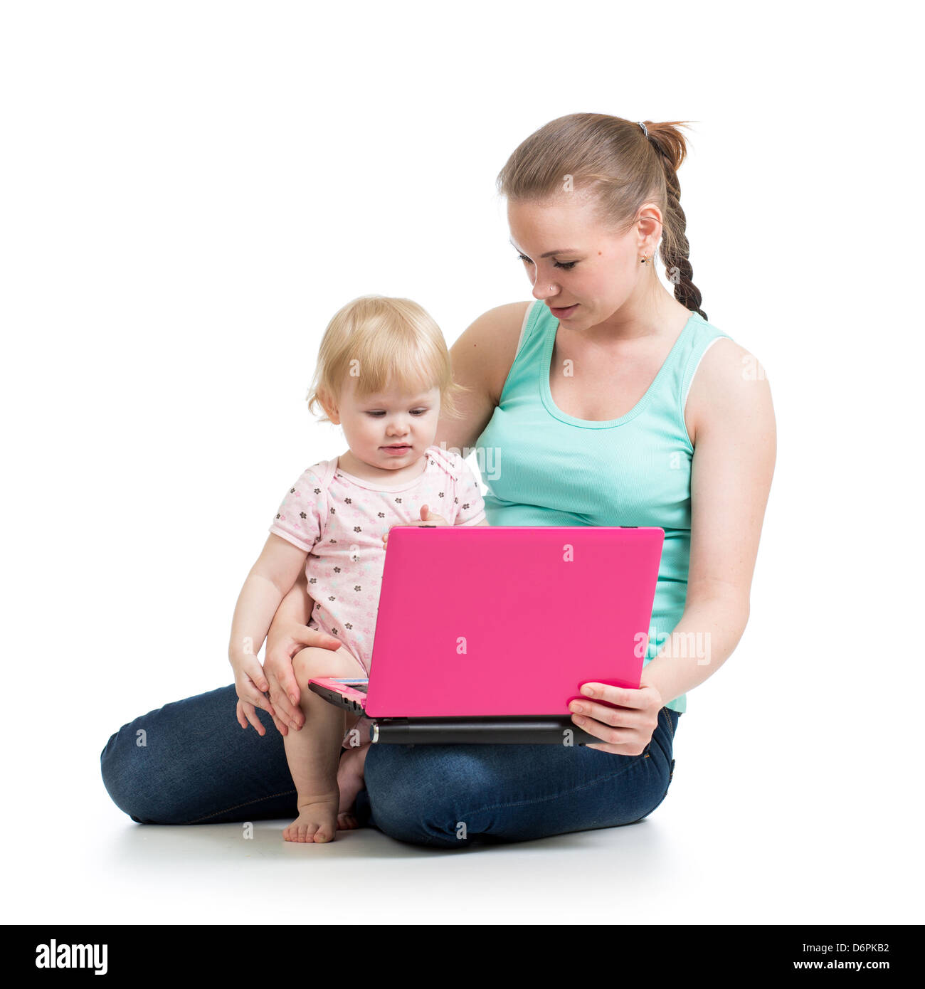 Mère et enfant travaillant à l'ordinateur portable Banque D'Images