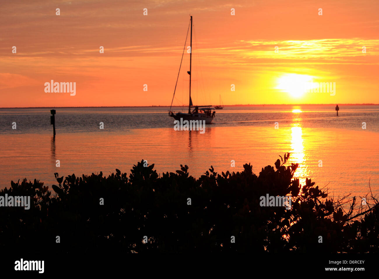 Silhouette d'un bateau au coucher du soleil, Charlotte Harbor, Florida, USA Banque D'Images