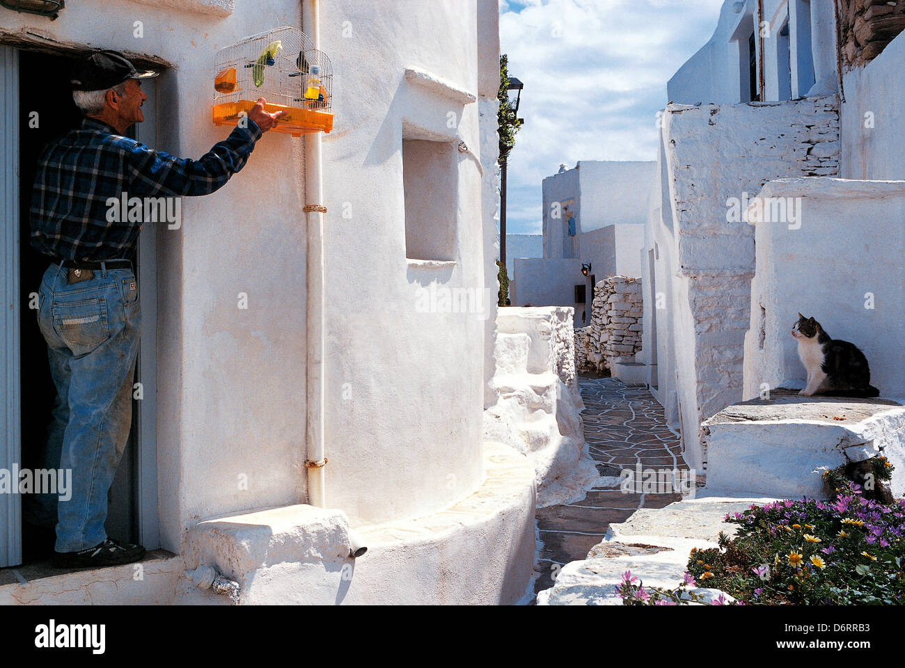 Grèce, les Cyclades, le village de Kastro, plaçant l'homme à l'extérieur de la cage à oiseaux Banque D'Images