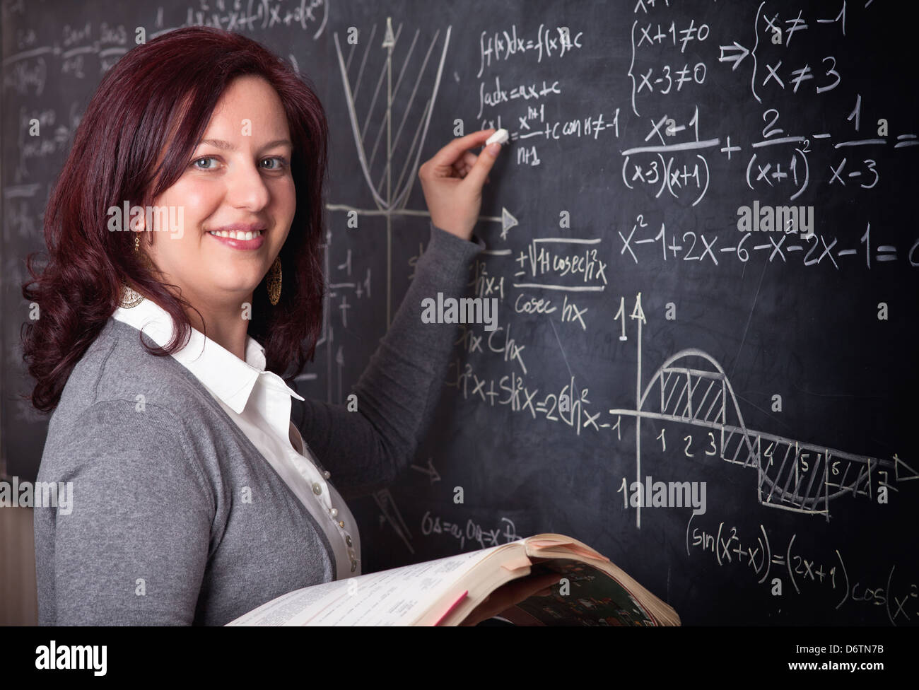 Portrait de femme professeur et blackboard background Banque D'Images Portrait de femme professeur et blackboard background Banque D'Images
