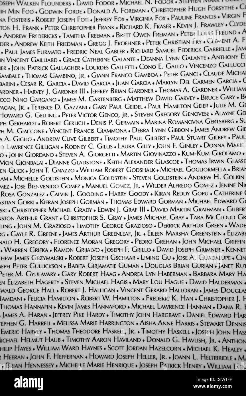 Noms des morts dans l'9/11 Tribute Center à New York City, USA Banque D'Images