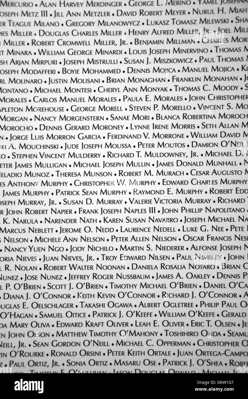 Noms des morts dans l'9/11 Tribute Center à New York City, USA Banque D'Images