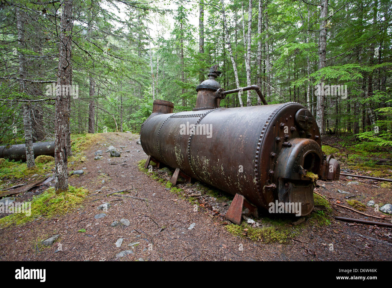 Vestige de tramway Chilkoot chaudière. Canyon City, ville fantôme. Chilkoot Trail. De l'Alaska. USA Banque D'Images