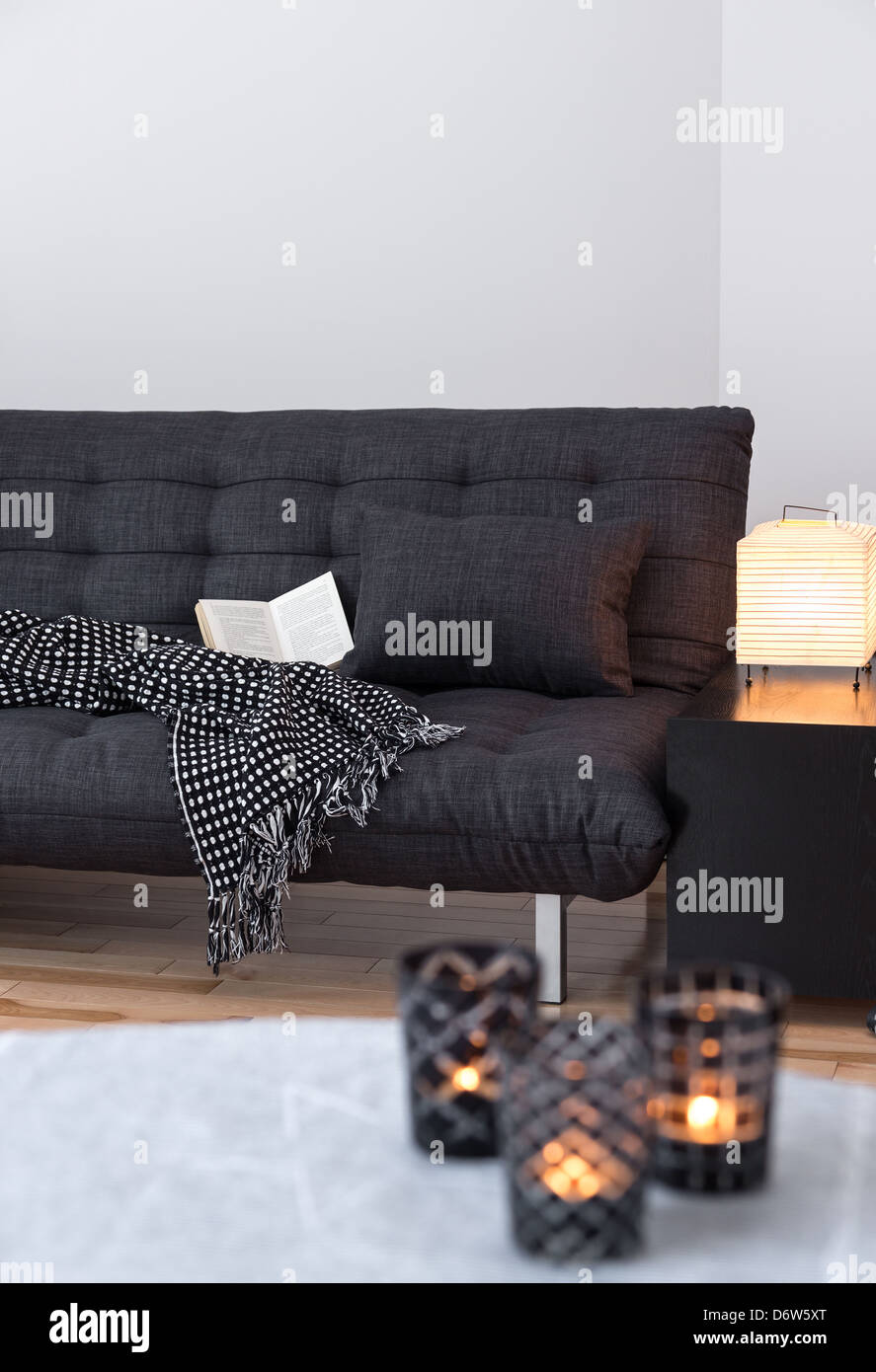 La décoration des feux confortable salon avec canapé gris. Banque D'Images