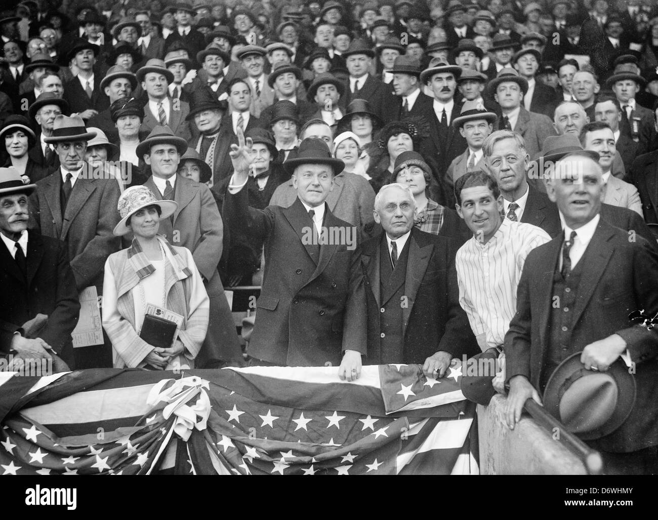 Le président Coolidge au jeu de base-ball, Andrew W. Grace Coolidge, Président Coolidge, Frank Kellogg ; John G. Sargent, vers 1925 Banque D'Images