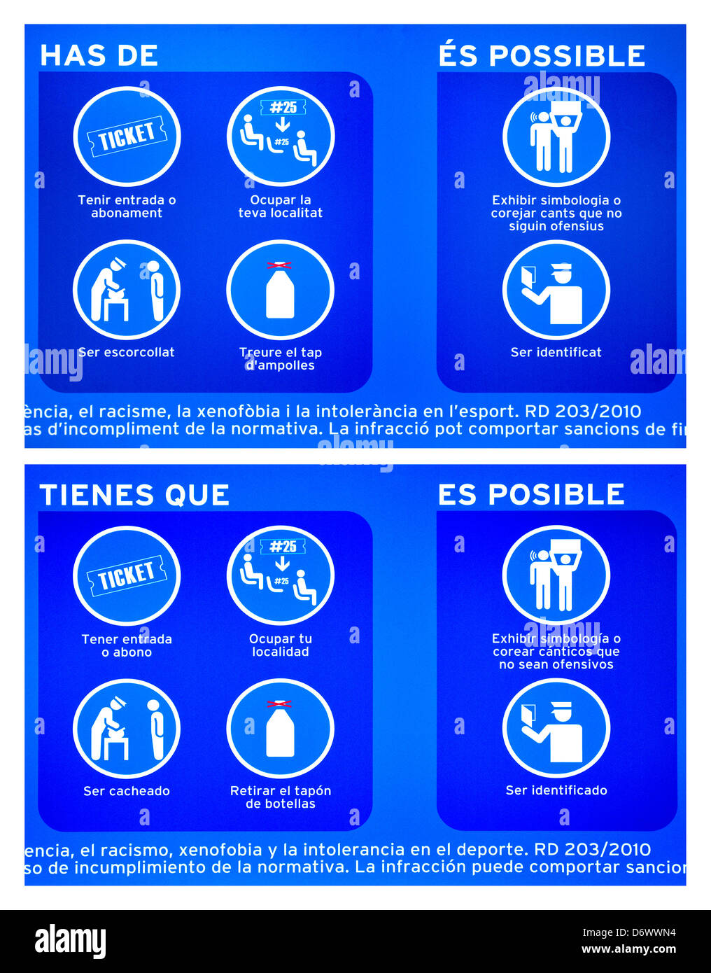 Barcelone, Catalogne, Espagne. Inscrivez-vous au stade de football Camp Nou (règlement sur l'inscription dans le sol. Allemand (haut) et l'espagnol Banque D'Images