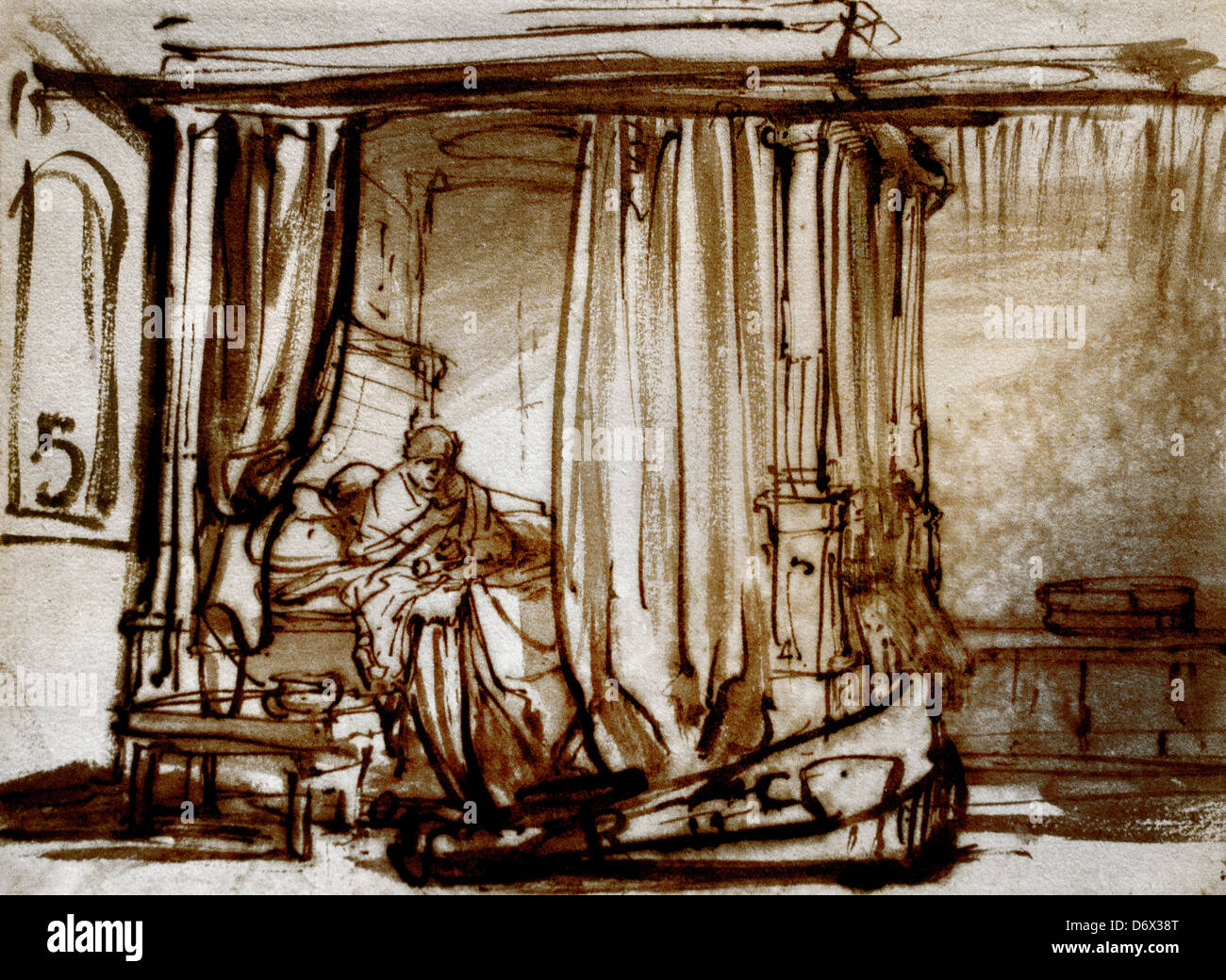 Une femme assise dans un lit à baldaquin 1638 Rembrandt Harmenszoon van Rijn 1606-1669 Néerlandais Pays-Bas pen encre marron Banque D'Images