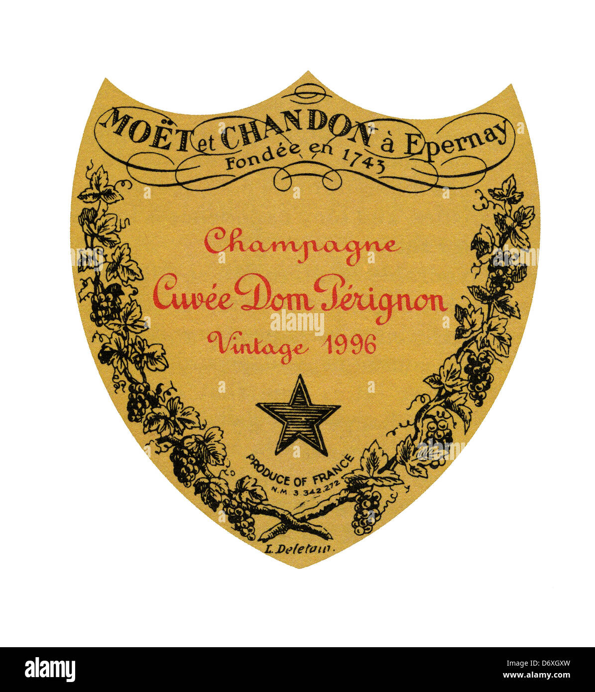 L'étiquette du flacon de l'année exceptionnelle 1996 Dom Perignon vintage de luxe champagne sur fond blanc Banque D'Images