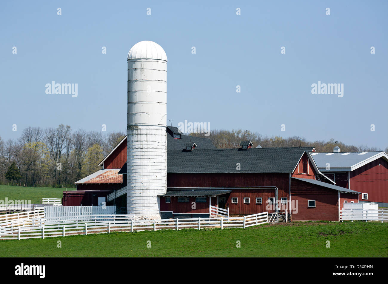 Ferme laitière grange rouge, blanc silo et corral. Banque D'Images