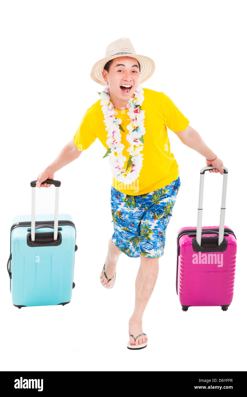 Jeune homme vivez l'été en vacances avec valise de voyage Banque D'Images