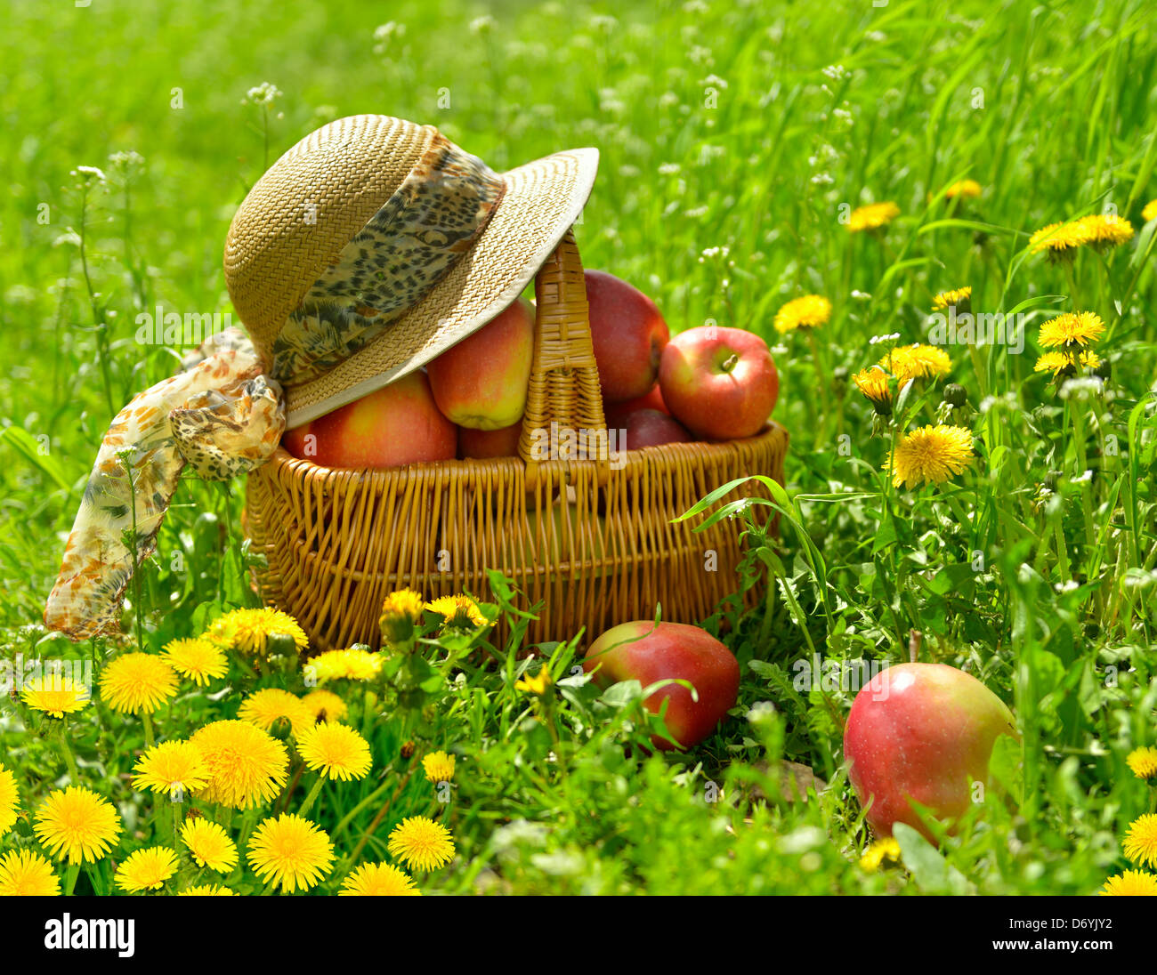 Panier de pommes et Women's hat sur un pré Banque D'Images